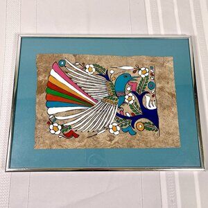 Mexican Folk Art Bird Painting on Amate Bark Paper Framed Vintage Colorful Boho